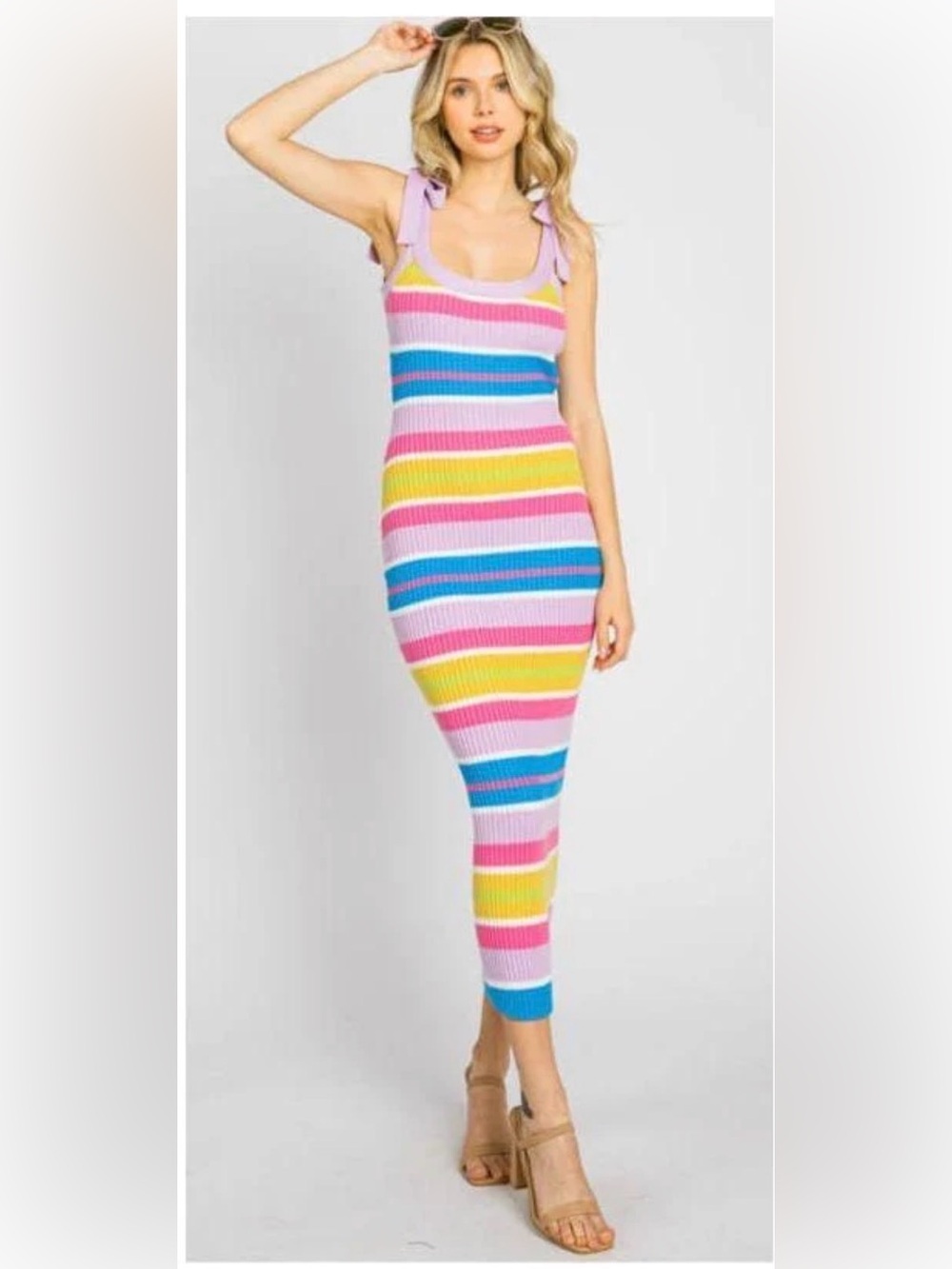 Sleeveless Ribbed Midi Dress with Pastel Stripe Tie-Straps